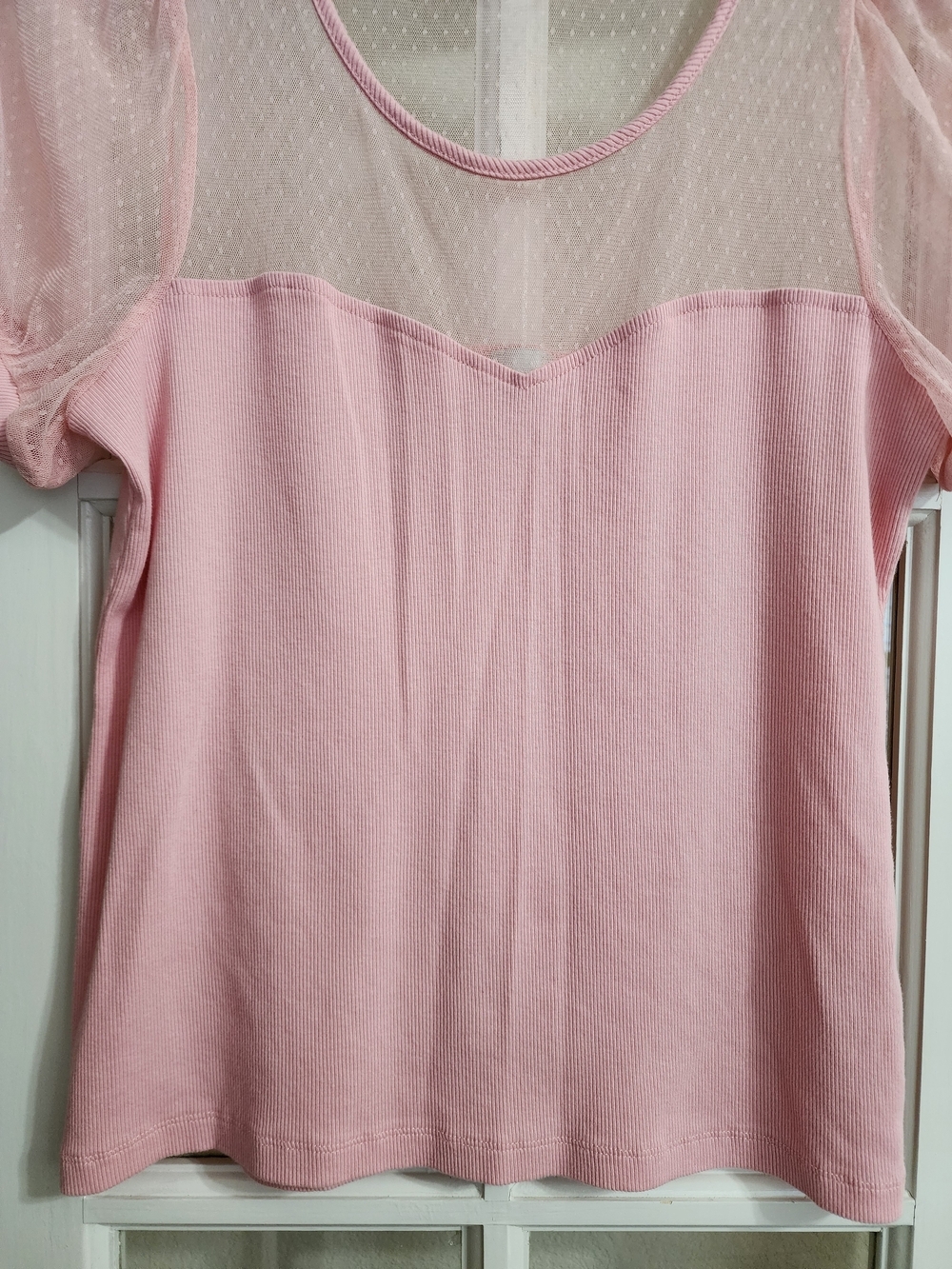 Maeve Anthropologie XL Pink Ribbed Mesh Puff Sleeve Swiss Dot Top - Picture 6 of 10
